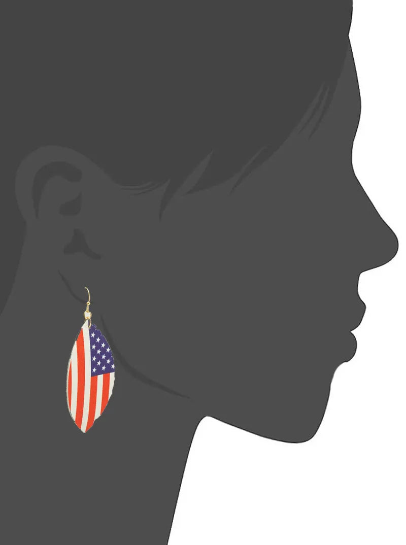 Marquise Shaped USA Flag Printed Leatherette Patriotic Themed Dangle Drop Earrings