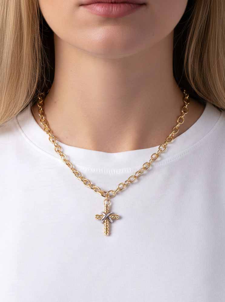 Matinee Rope Cross Pendant Necklace - Gold Rhodium