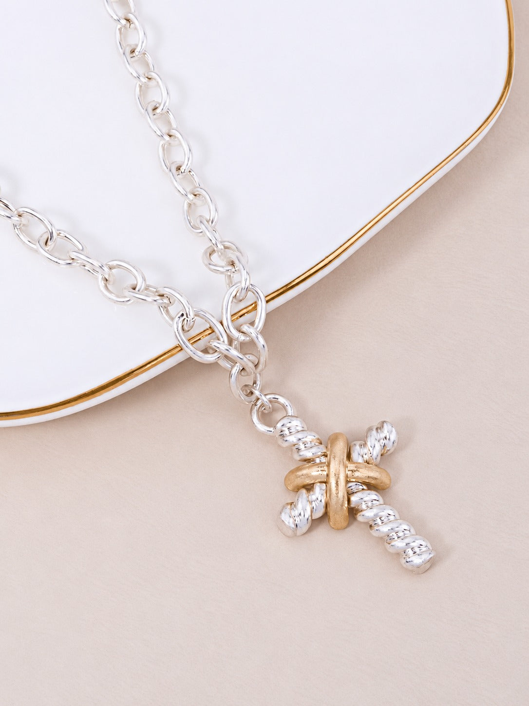 Matinee Rope Cross Pendant Necklace - Worn Silver Worn Gold