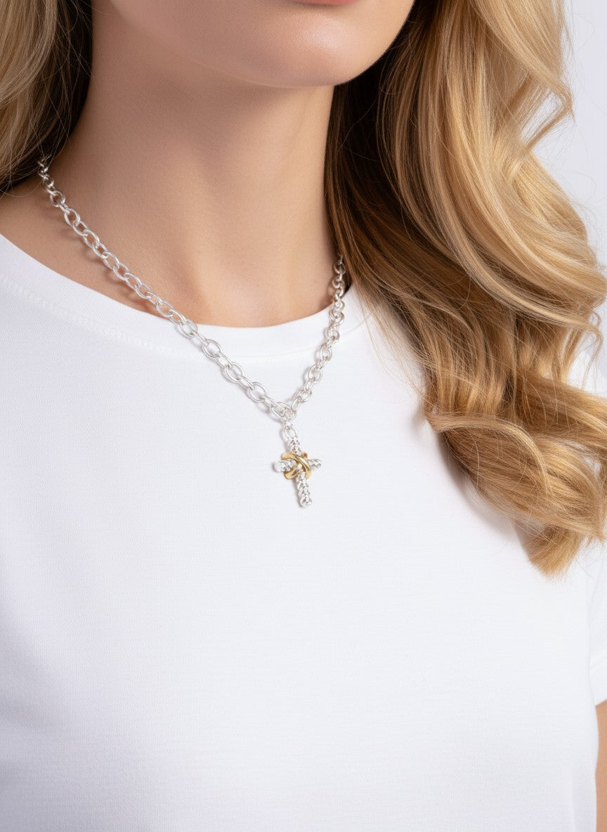 Matinee Rope Cross Pendant Necklace - Worn Silver Worn Gold