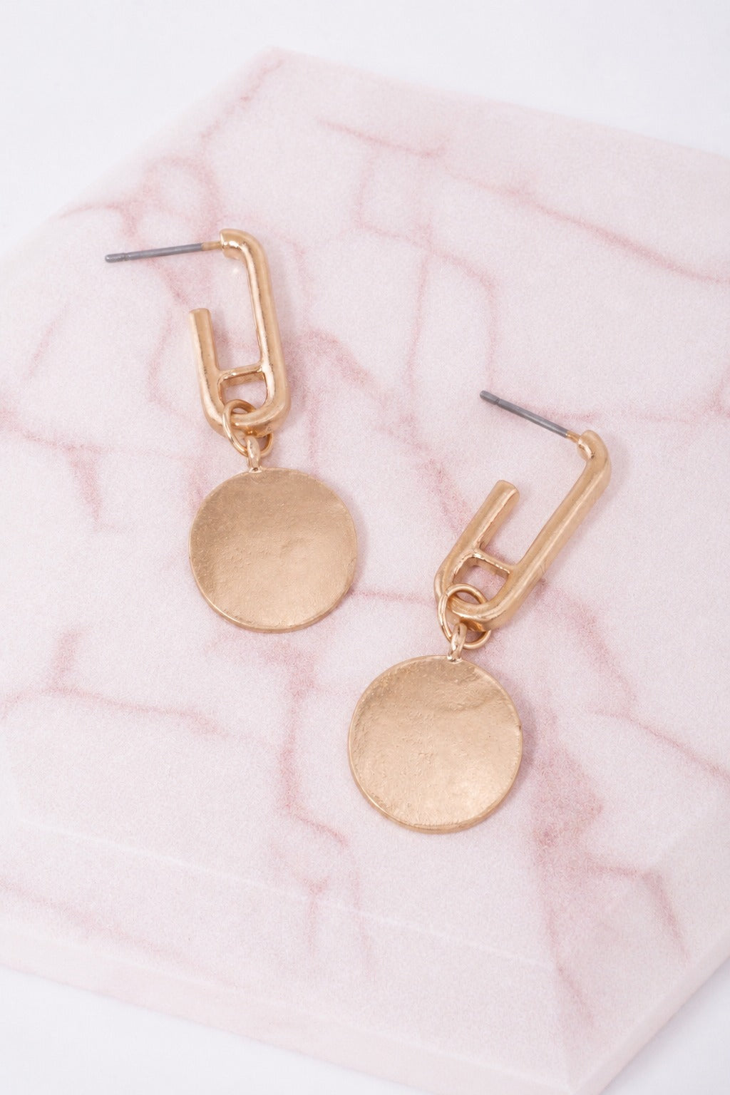 Matte Round Disc Paper-Clip Drop Earrings - Worn Gold