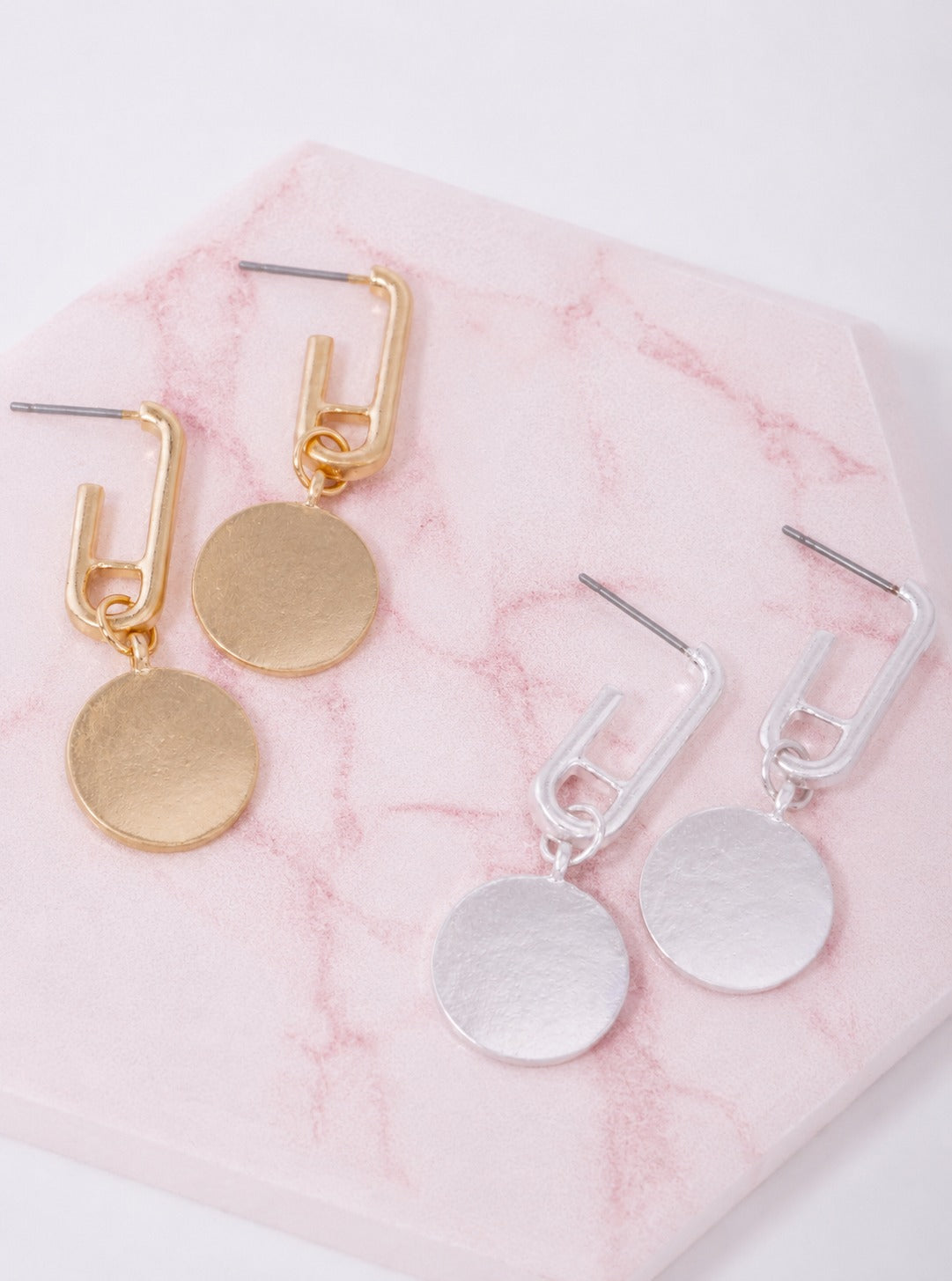 Matte Round Disc Paper-Clip Drop Earrings - Worn Gold