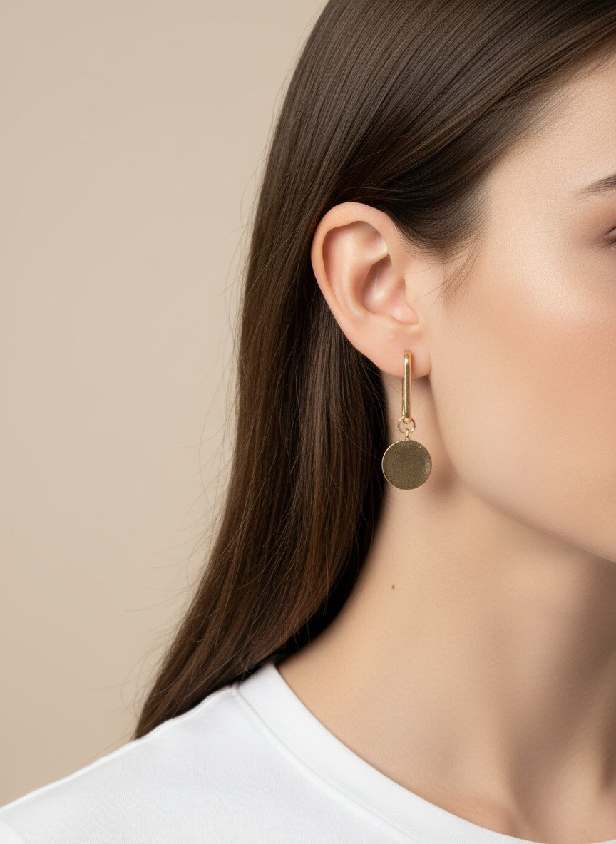Matte Round Disc Paper-Clip Drop Earrings - Worn Gold