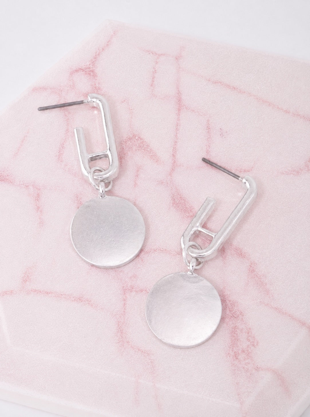 Matte Round Disc Paper-Clip Drop Earrings - Worn Silver