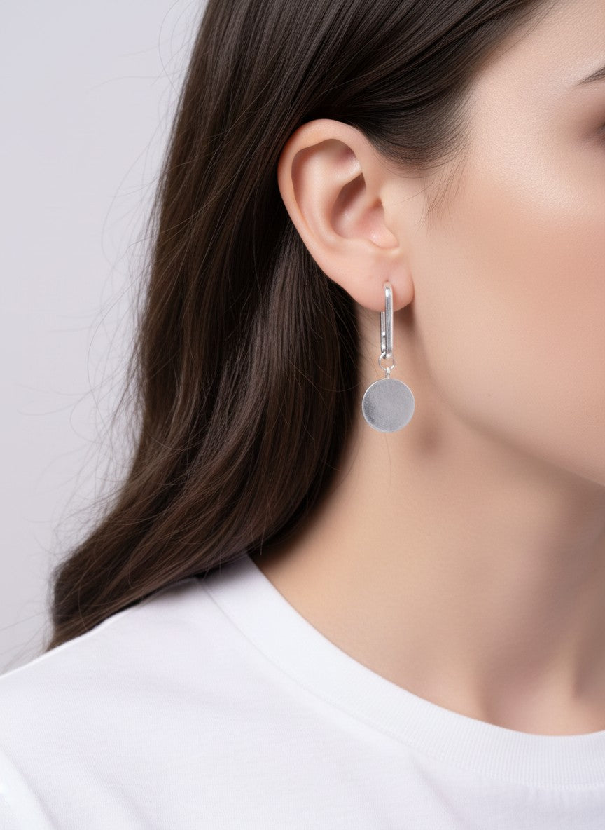 Matte Round Disc Paper-Clip Drop Earrings - Worn Silver