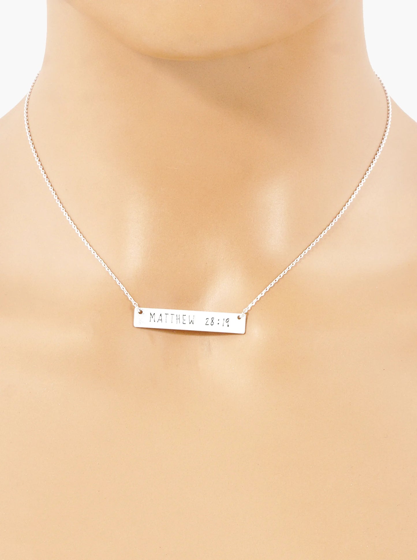 Matthew 28 19 Engraved Horizontal Bar Pendant Necklace