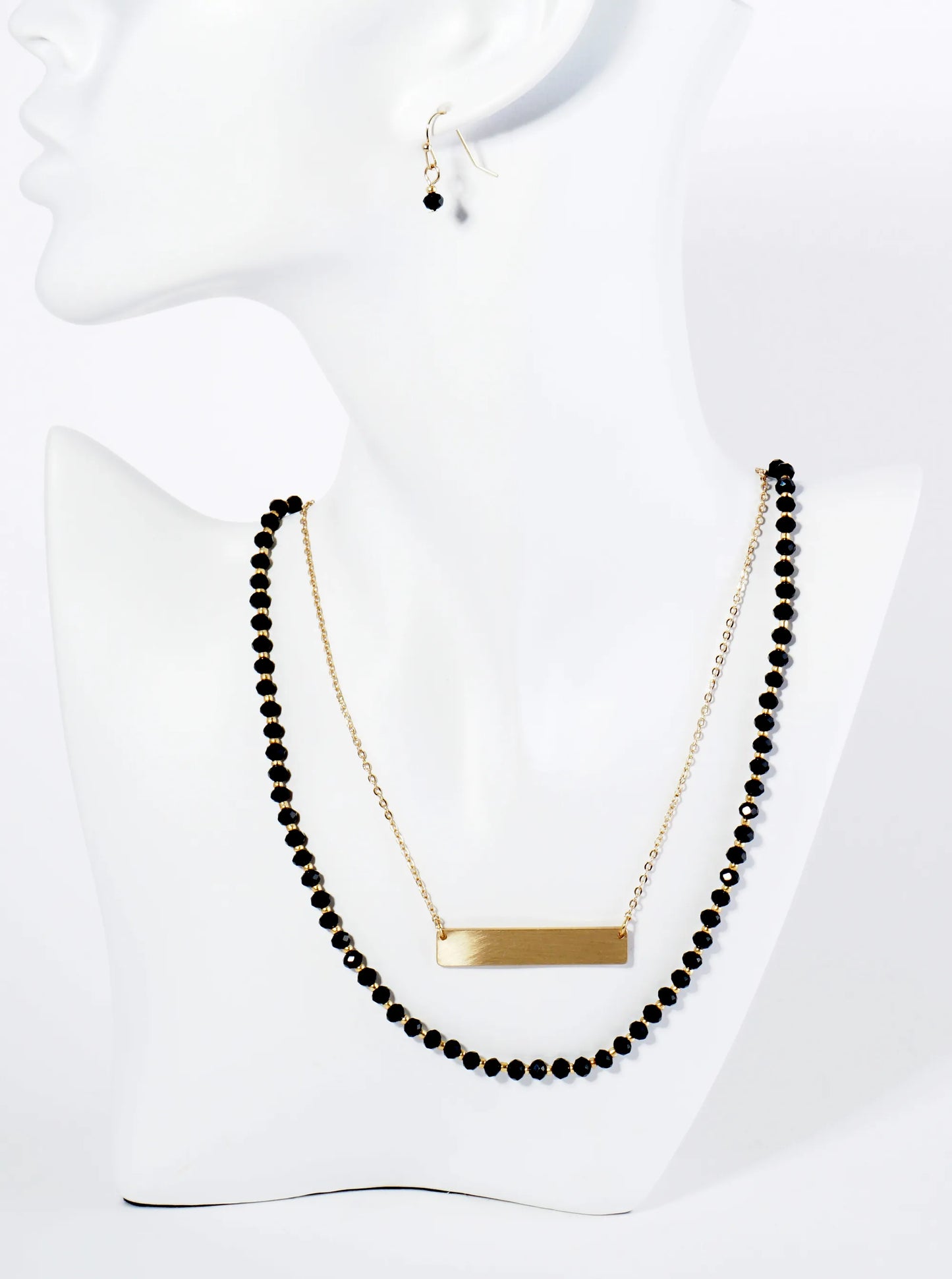 Metal Bar Pendant Glass Beaded Layered Necklace Set With Earrings