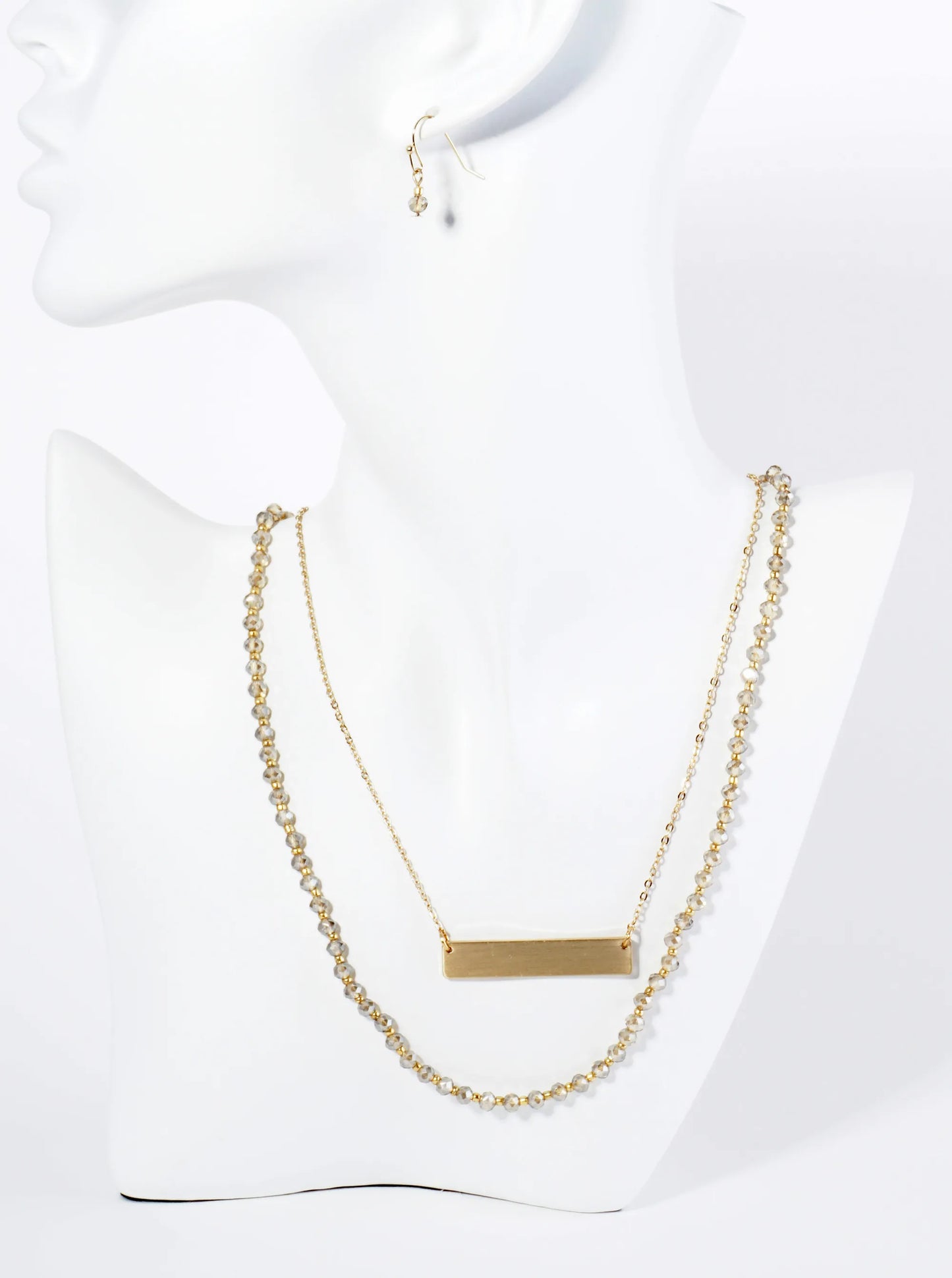 Metal Bar Pendant Glass Beaded Layered Necklace Set With Earrings
