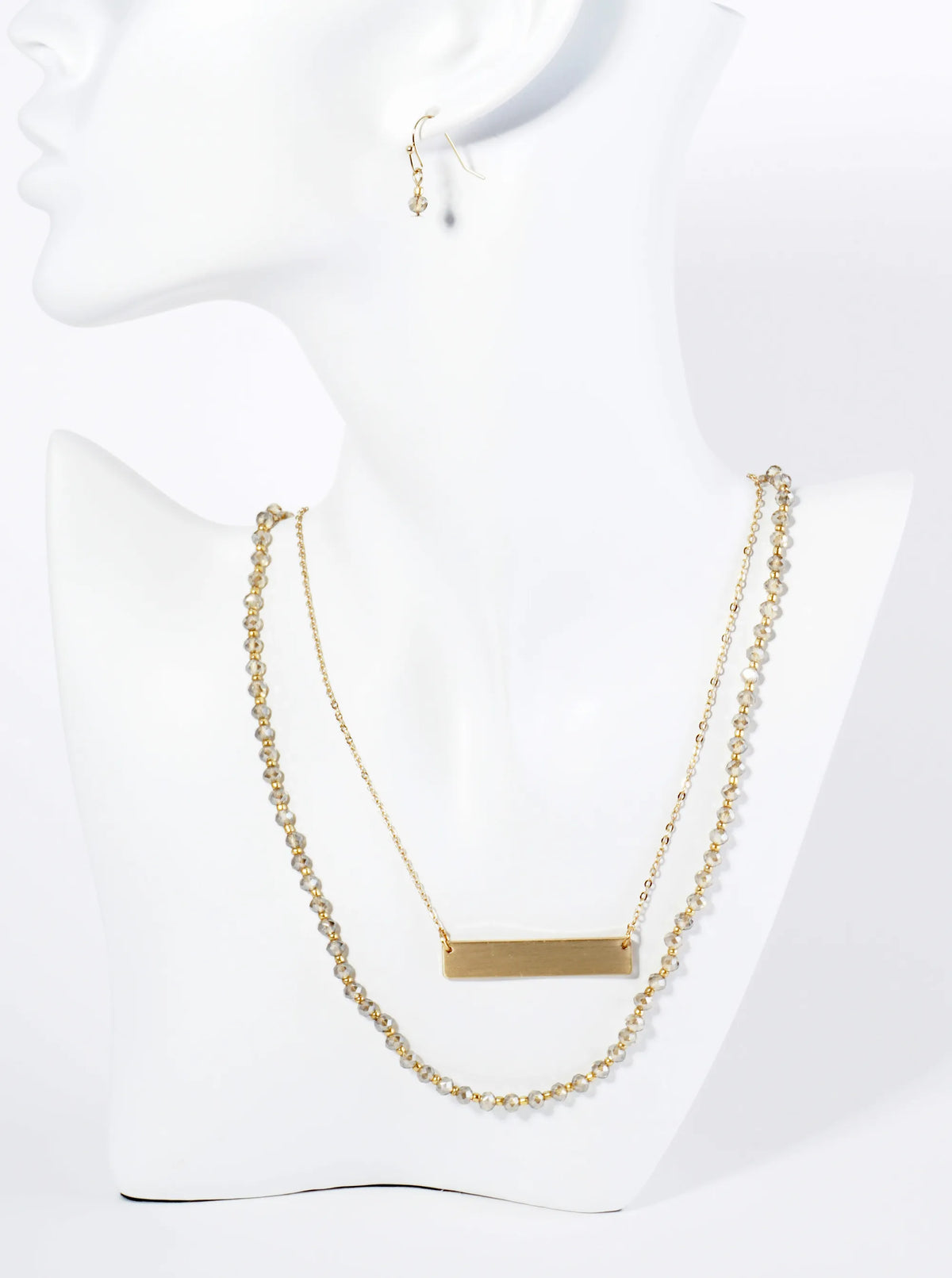 Metal Bar Pendant Glass Beaded Layered Necklace Set With Earrings