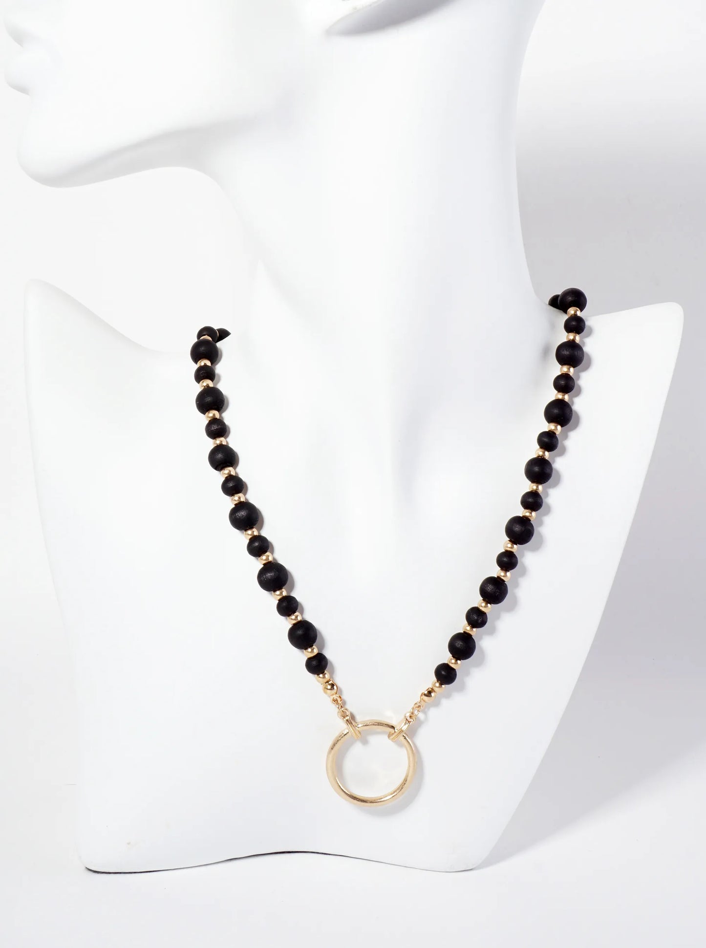 Metal Circle Pendant Color-Coated Wood-Beaded Chain Necklace