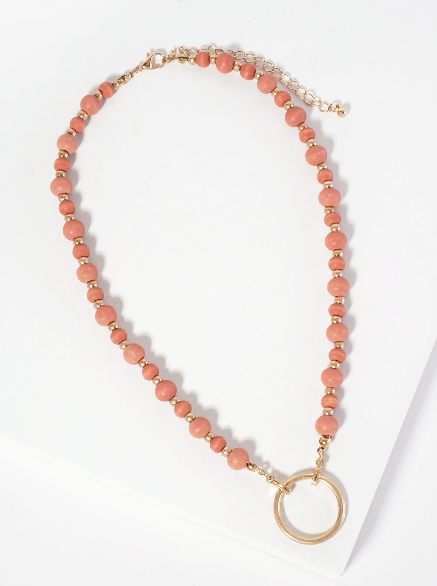 Metal Circle Pendant Color-Coated Wood-Beaded Chain Necklace