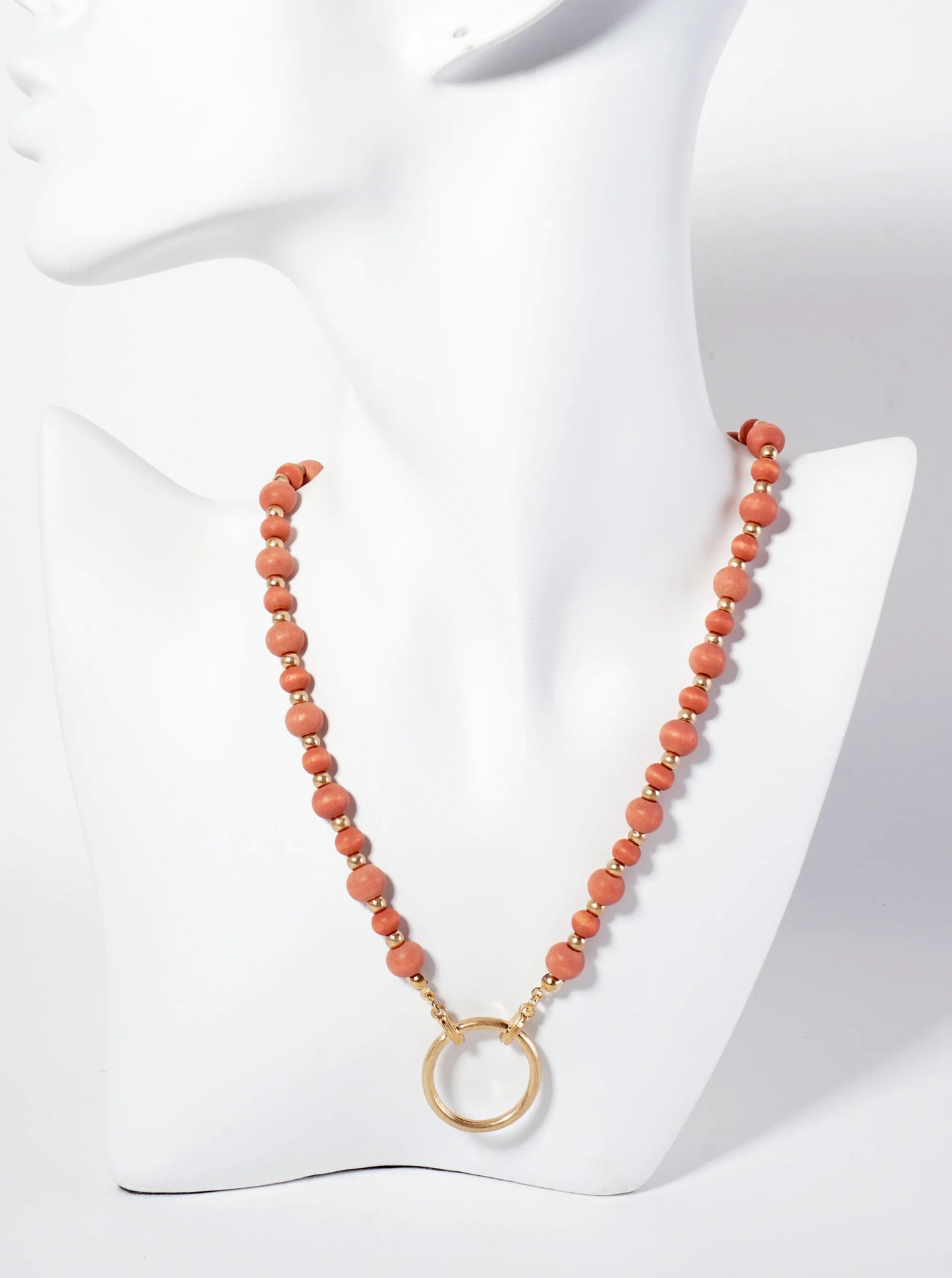 Metal Circle Pendant Color-Coated Wood-Beaded Chain Necklace