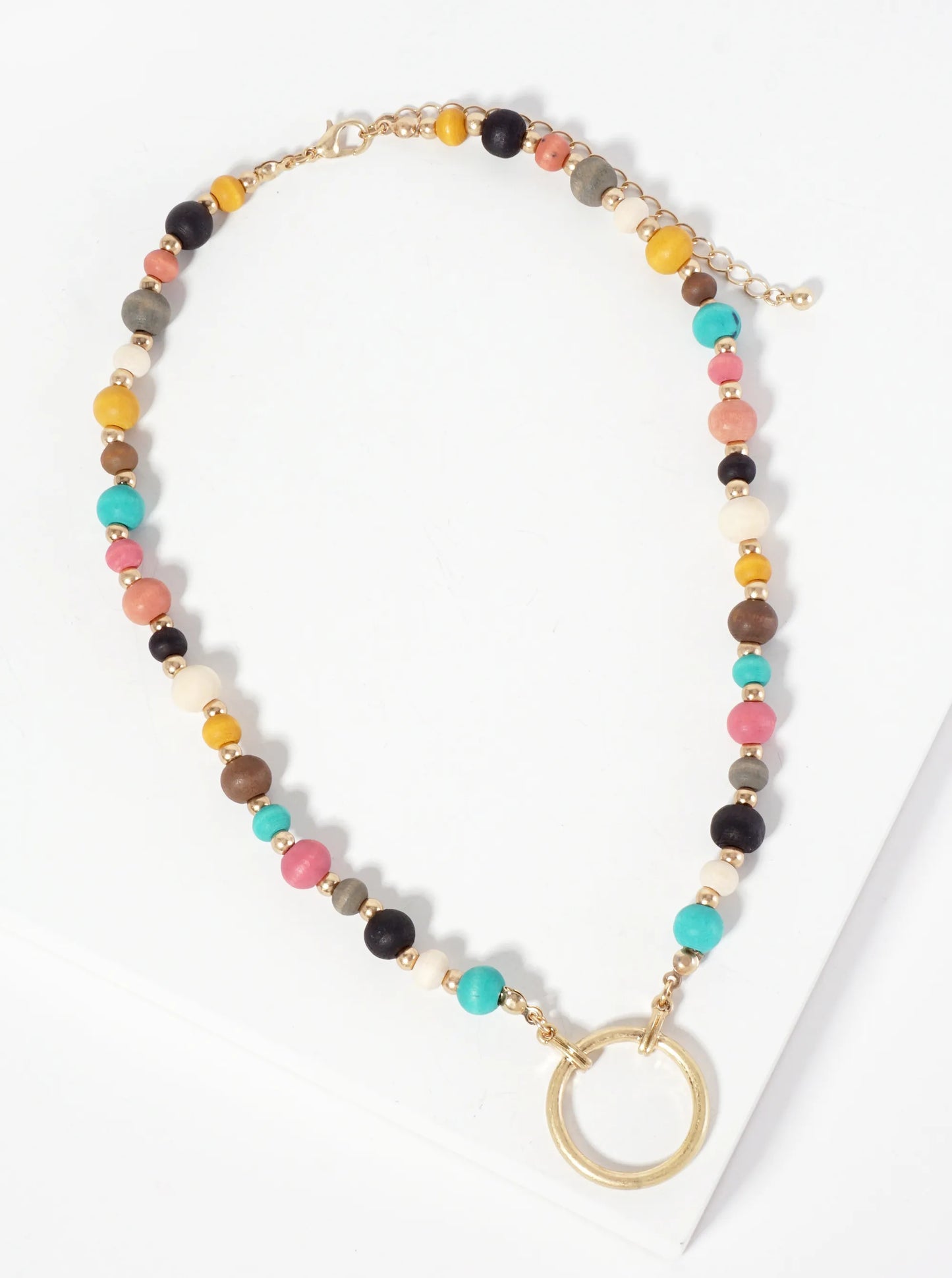 Metal Circle Pendant Color-Coated Wood-Beaded Chain Necklace
