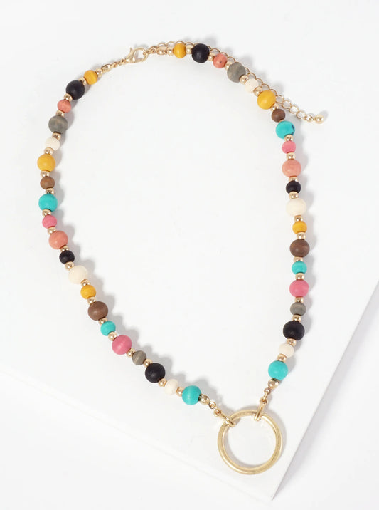 Metal Circle Pendant Color-Coated Wood-Beaded Chain Necklace