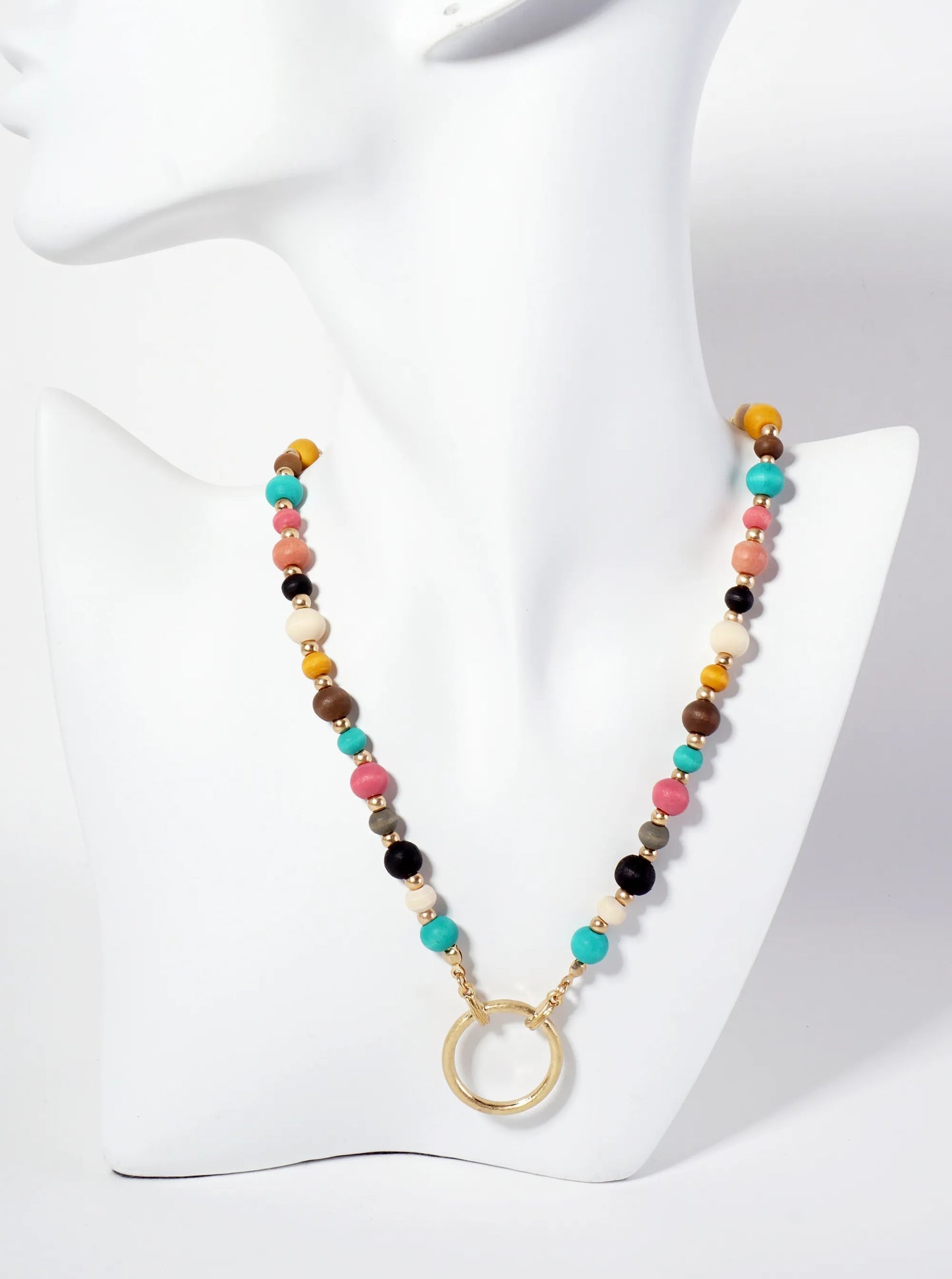 Metal Circle Pendant Color-Coated Wood-Beaded Chain Necklace