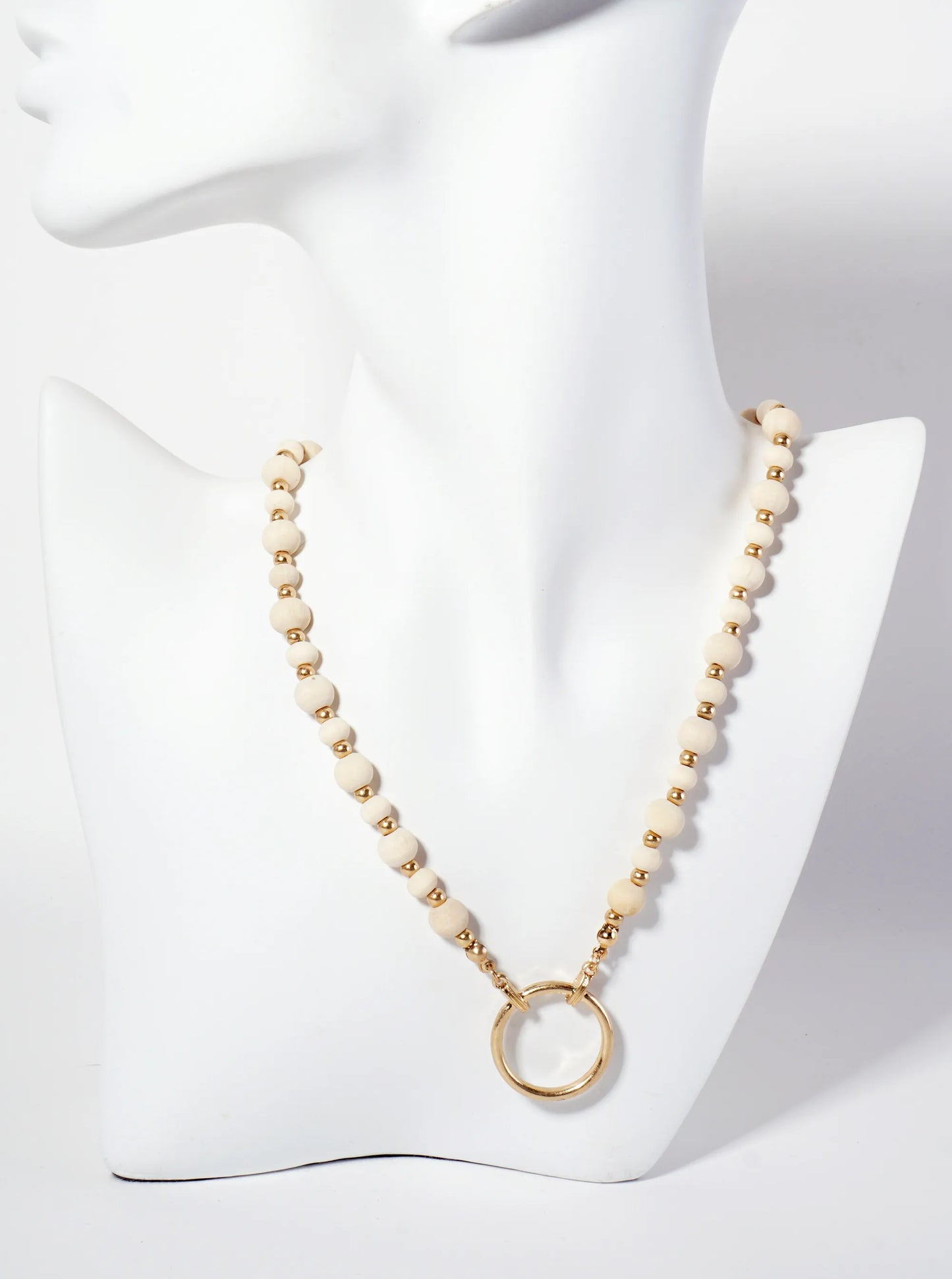Metal Circle Pendant Color-Coated Wood-Beaded Chain Necklace