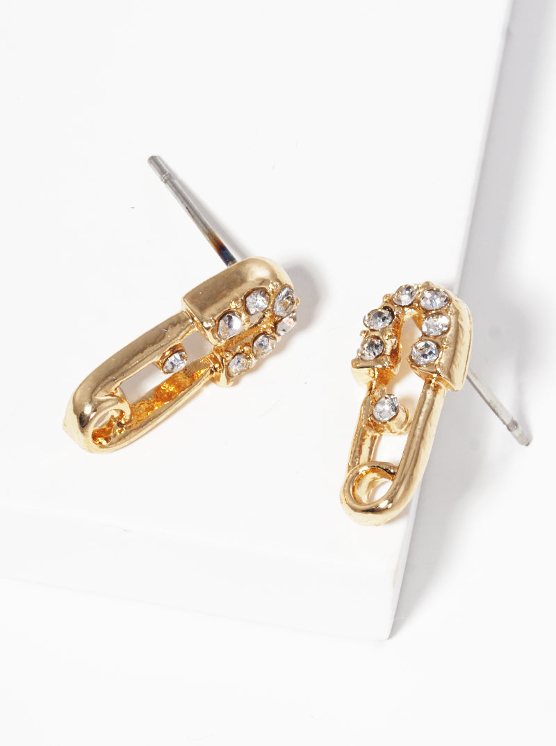 Metal Crystal Pave Safety Pin Dainty Post Stud Earrings