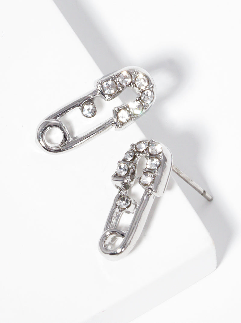 Metal Crystal Pave Safety Pin Dainty Post Stud Earrings