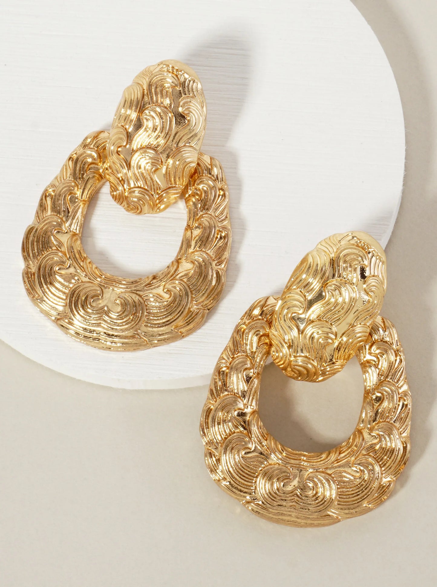Metal Curved Pattern Doorknocker Design Statement Earrings With-Titanium-Post