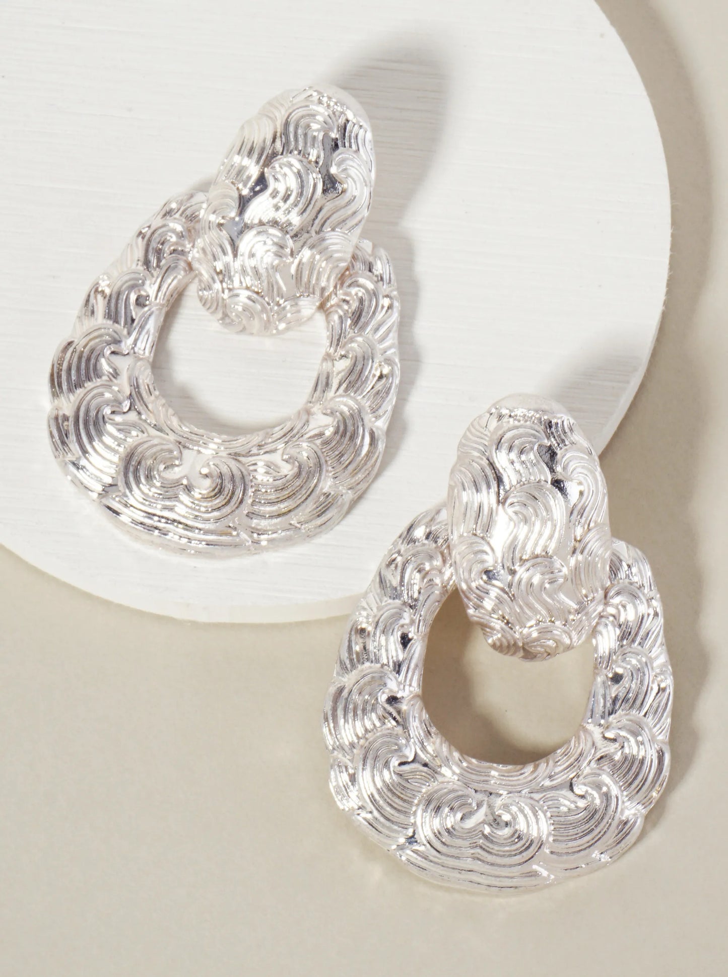 Metal Curved Pattern Doorknocker Design Statement Earrings With-Titanium-Post