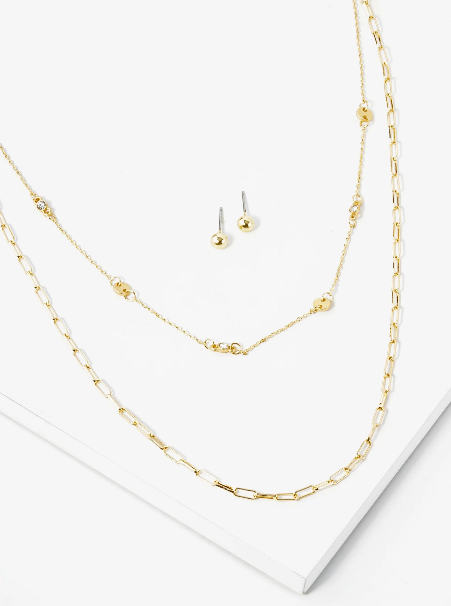 Metal Delicate Dual Layered Chain Necklace Set With Earrings