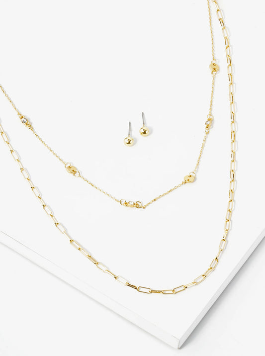 Metal Delicate Dual Layered Chain Necklace Set With Earrings