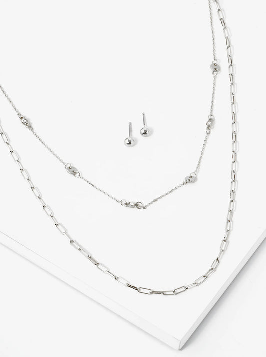 Metal Delicate Dual Layered Chain Necklace Set With Earrings