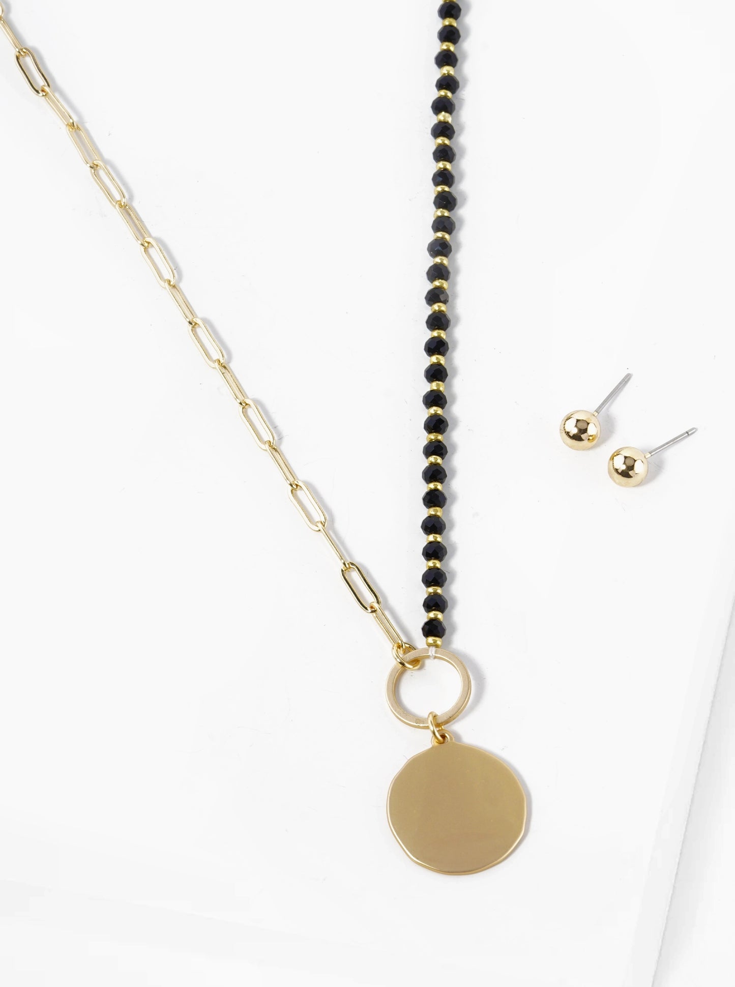 Metal Disc Pendant Half Glass Bead Half Chain Necklace Set With Earrings