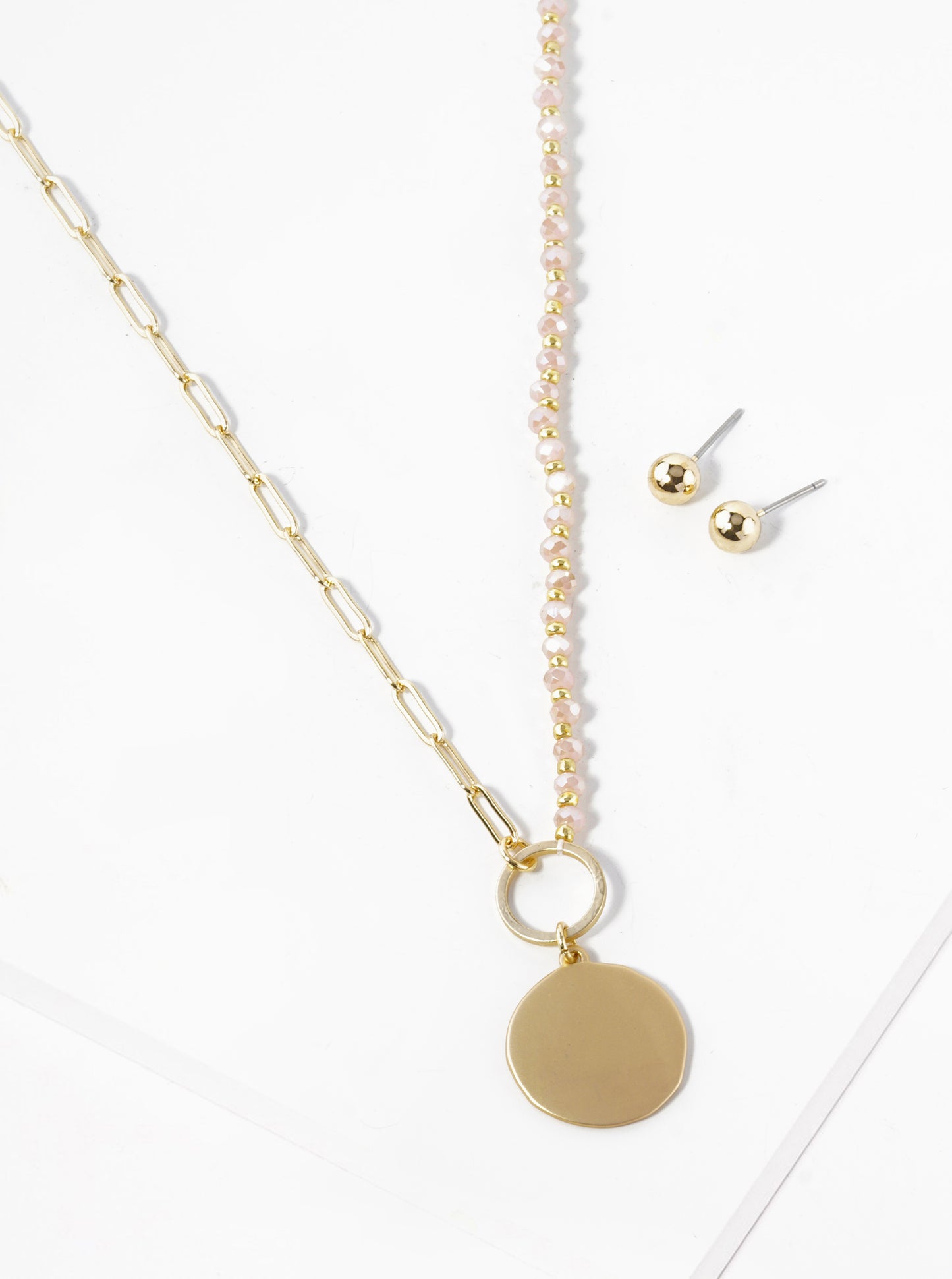 Metal Disc Pendant Half Glass Bead Half Chain Necklace Set With Earrings