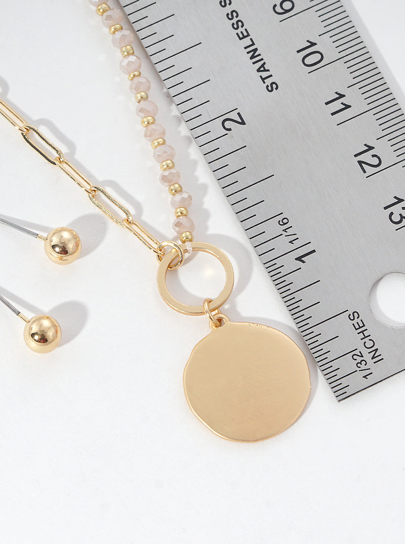 Metal Disc Pendant Half Glass Bead Half Chain Necklace Set With Earrings