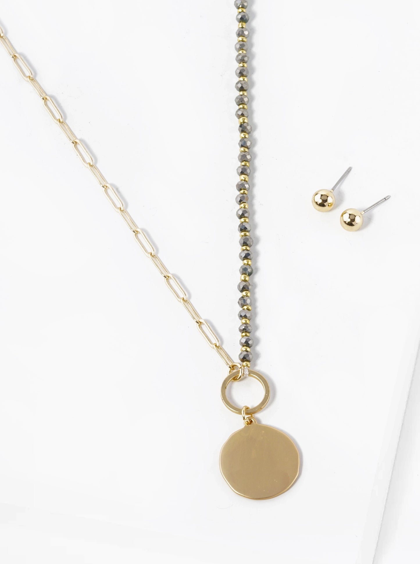 Metal Disc Pendant Half Glass Bead Half Chain Necklace Set With Earrings