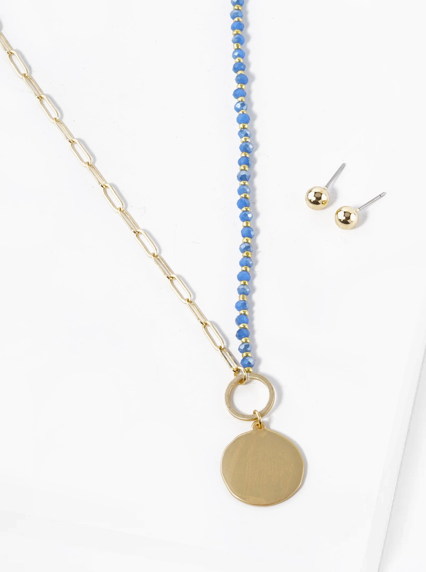 Metal Disc Pendant Half Glass Bead Half Chain Necklace Set With Earrings