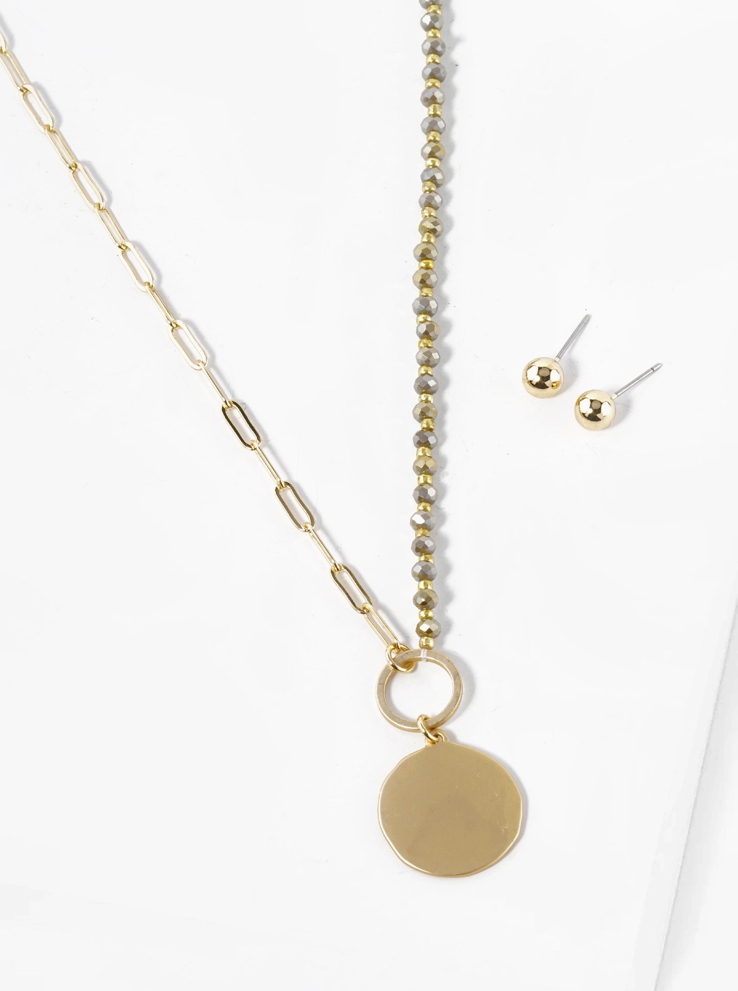 Metal Disc Pendant Half Glass Bead Half Chain Necklace Set With Earrings