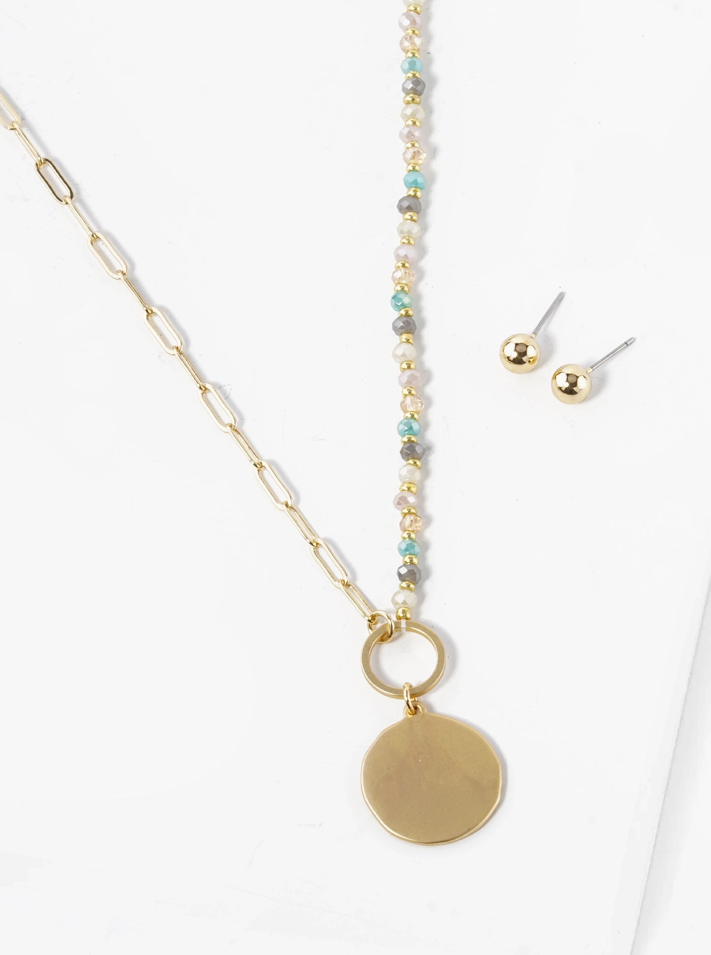 Metal Disc Pendant Half Glass Bead Half Chain Necklace Set With Earrings