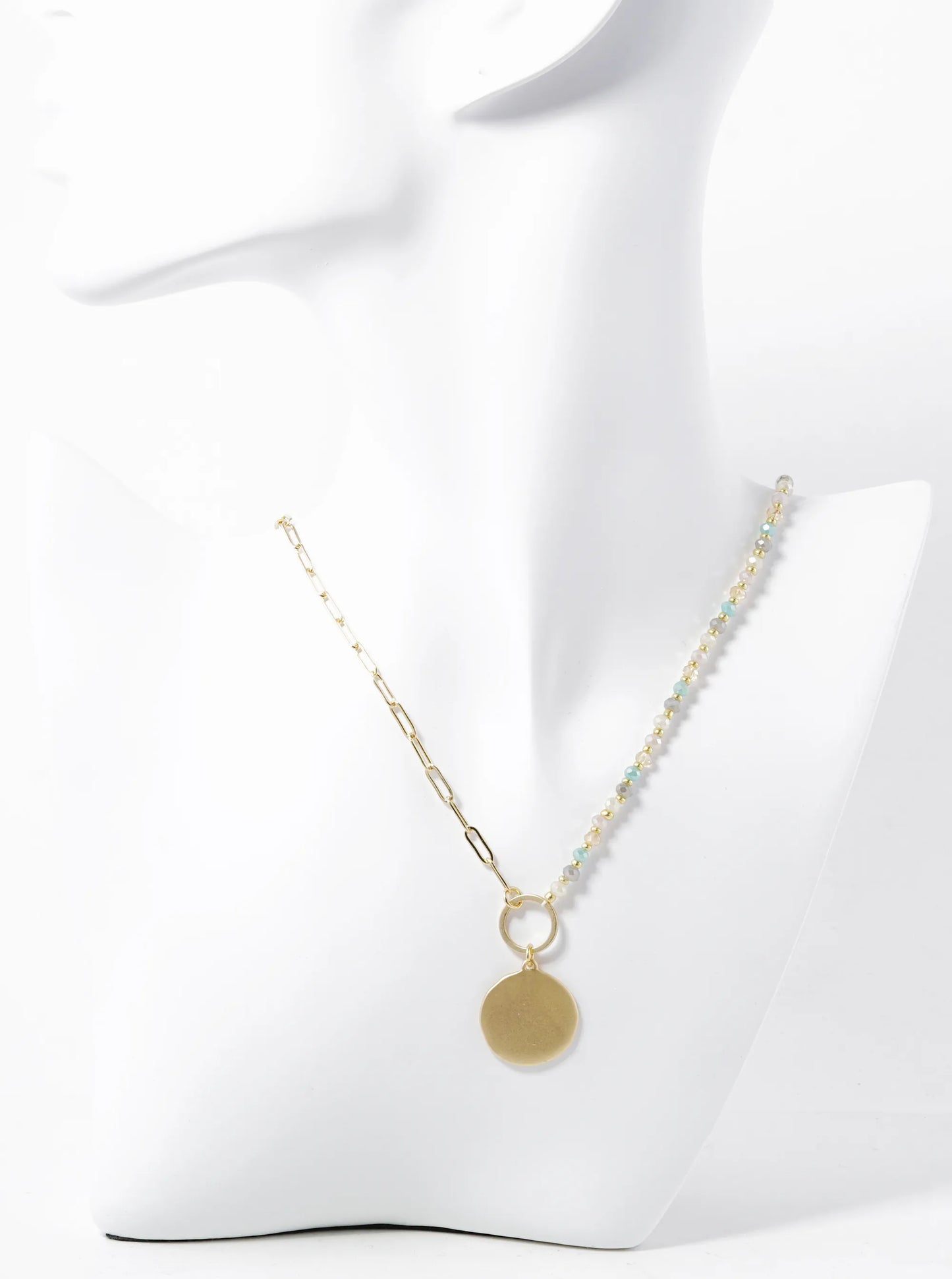 Metal Disc Pendant Half Glass Bead Half Chain Necklace Set With Earrings