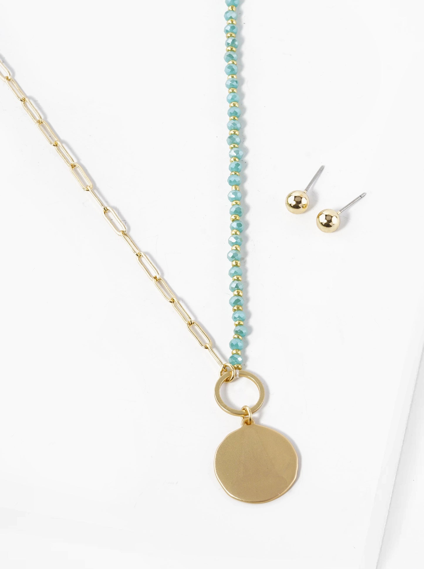 Metal Disc Pendant Half Glass Bead Half Chain Necklace Set With Earrings