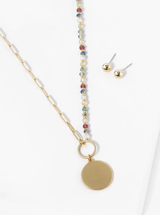 Metal Disc Pendant Half Glass Bead Half Chain Necklace Set With Earrings