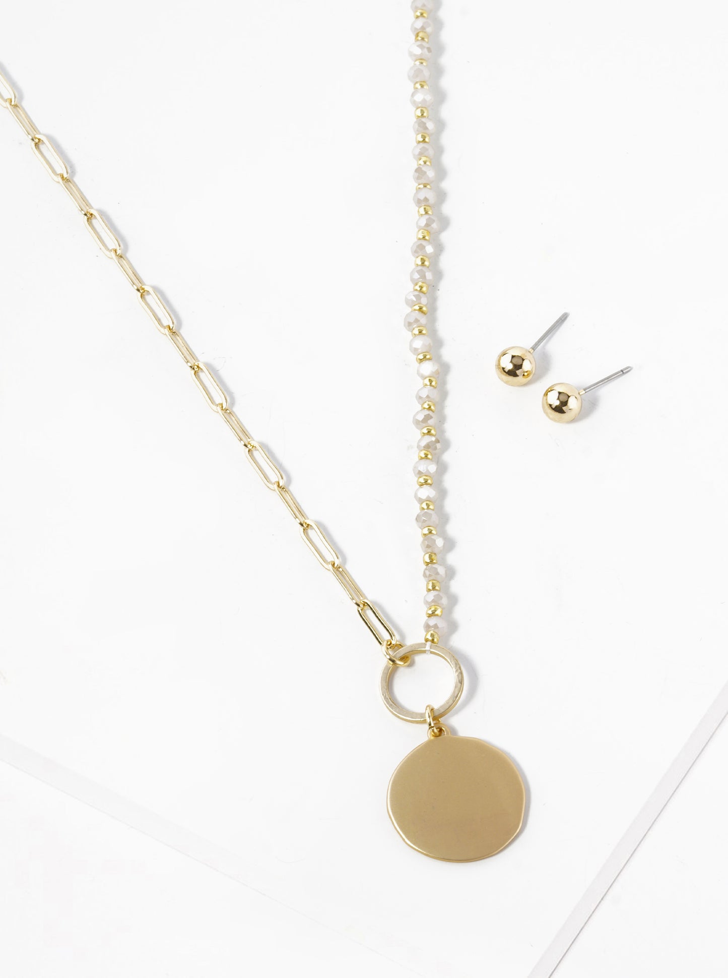 Metal Disc Pendant Half Glass Bead Half Chain Necklace Set With Earrings