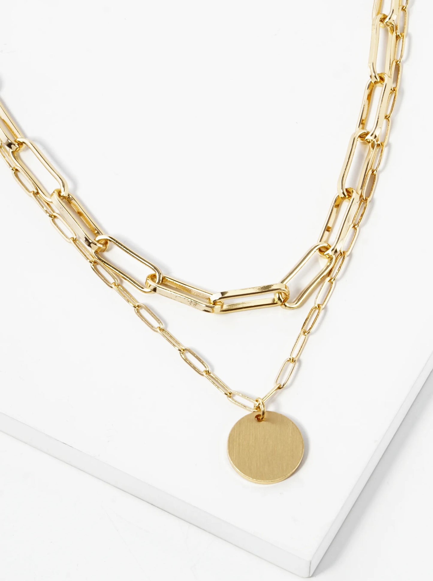 Metal Disc Pendant Layered Link Chain Necklace