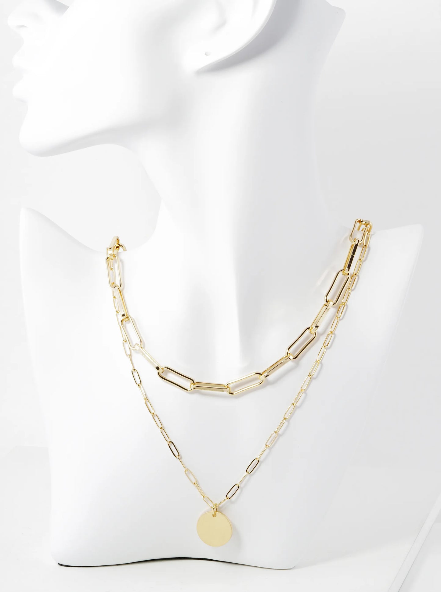 Metal Disc Pendant Layered Link Chain Necklace