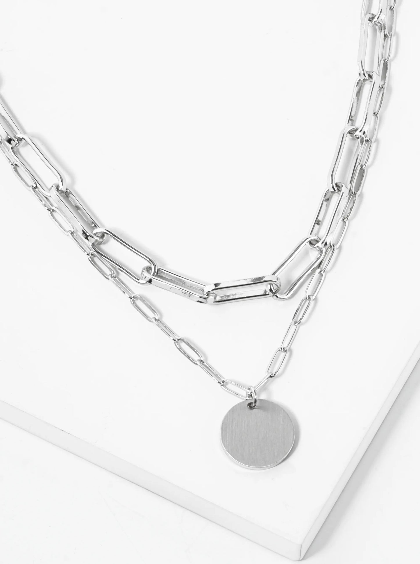 Metal Disc Pendant Layered Link Chain Necklace