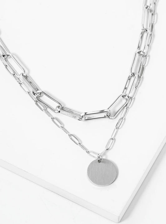 Metal Disc Pendant Layered Link Chain Necklace