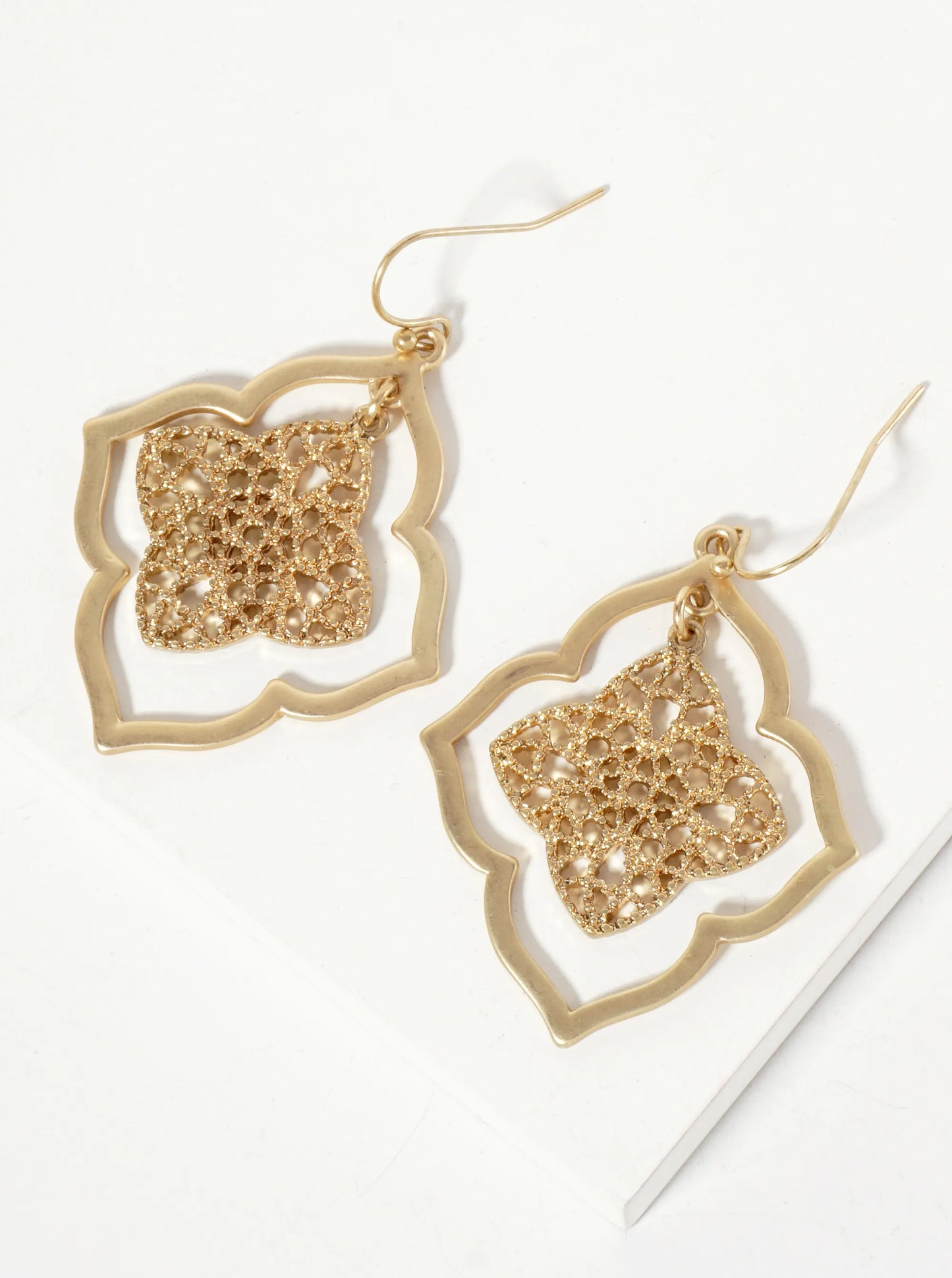 Metal Filigree Double Quatrefoil Dangle Drop Earrings