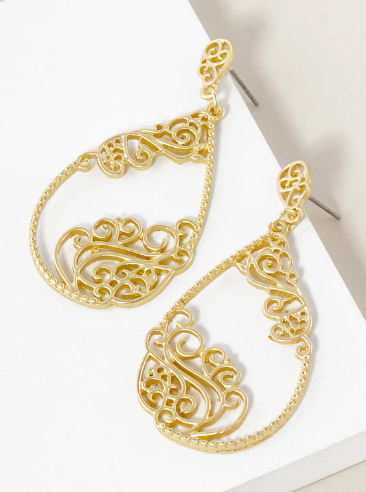 Metal Filigree Teardrop Dangle Earrings