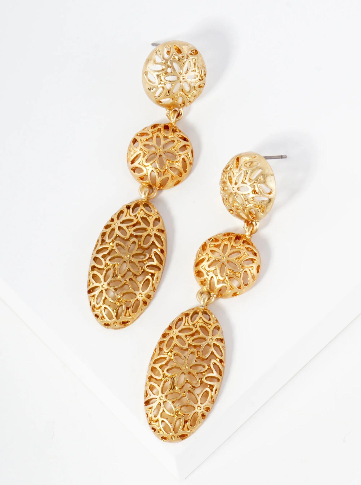 Metal Floral Filigree Oval Drop Dangle Earrings With-Titanium-Post