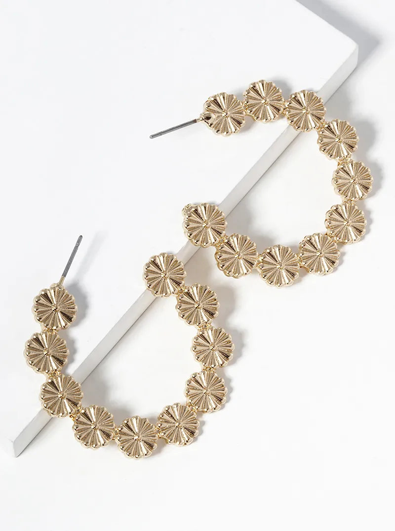 Metal Flower Textured Open Hoop Earrings