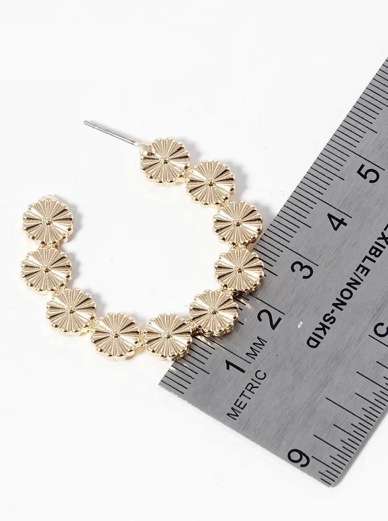 Metal Flower Textured Open Hoop Earrings