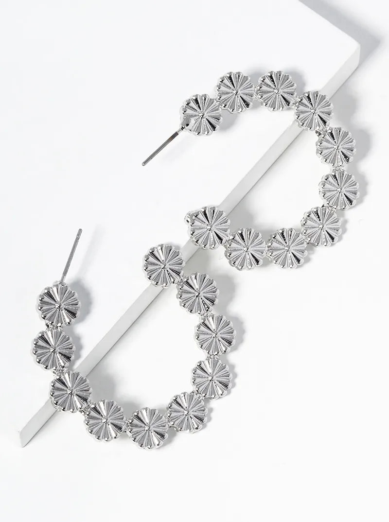 Metal Flower Textured Open Hoop Earrings