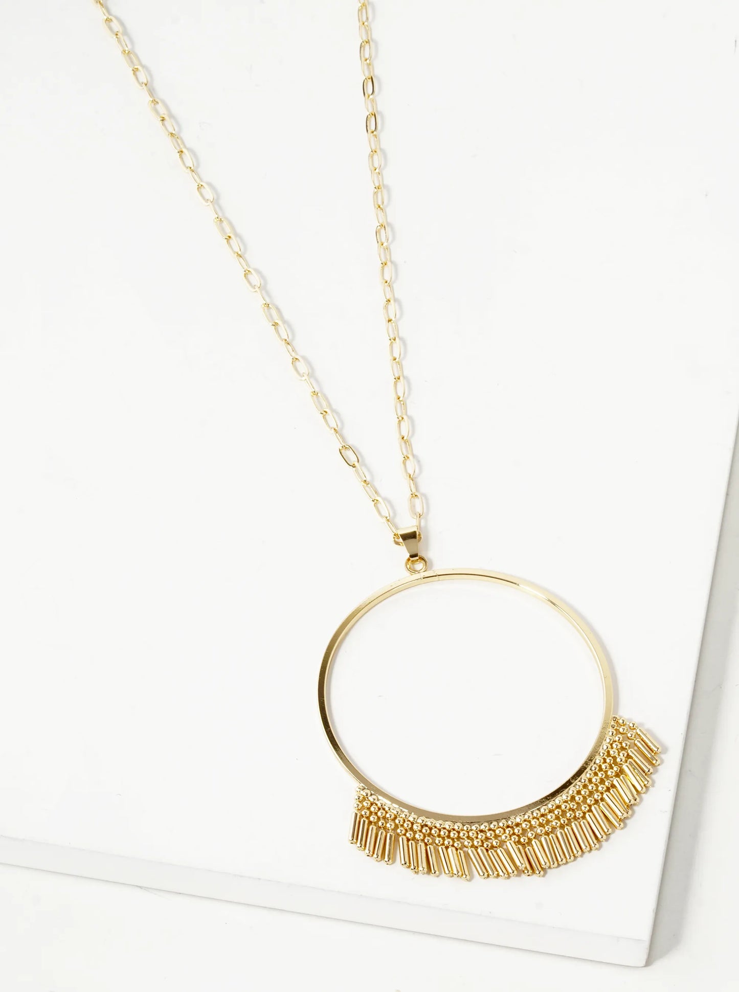 Metal Fringe Circle Pendant 32 Inch Long Necklace
