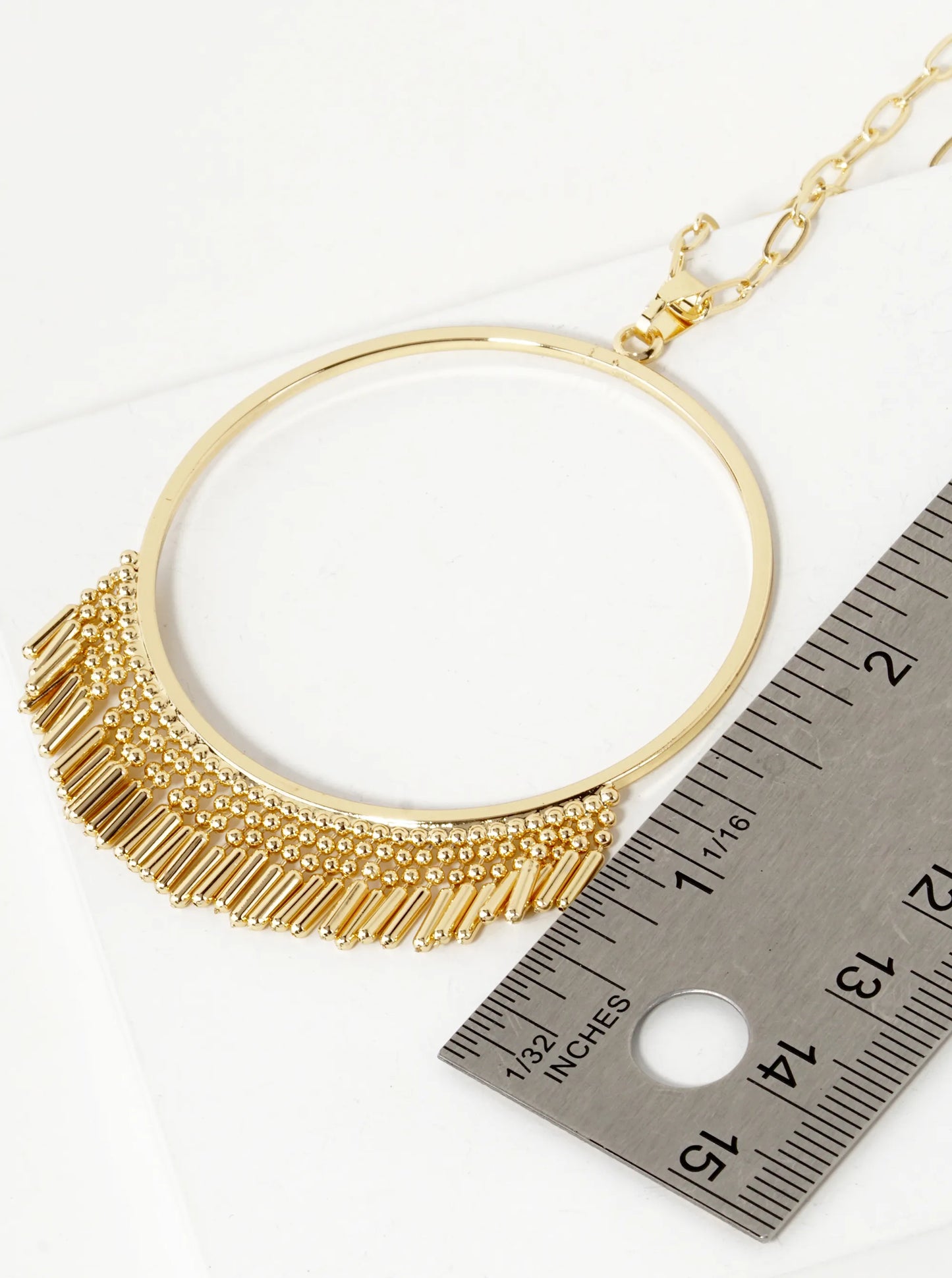 Metal Fringe Circle Pendant 32 Inch Long Necklace